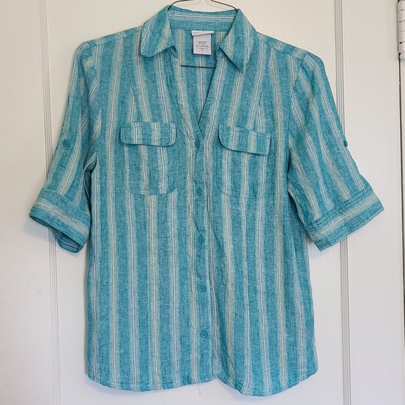 Women's Linen Blend 3/4 Sleeve Button-Up Top - Picture 1 of 5